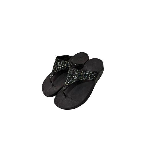 FitFlop Lulu Womens Glitter Sparkle Black Leather Thong Wedge Sandals Size 9 - Picture 1 of 7